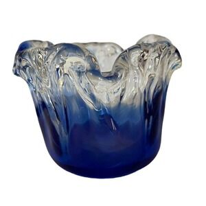 Retro Glass Bowl/Candle Holder, Cobalt Blue & White Irregular Waves Ruffled Edge